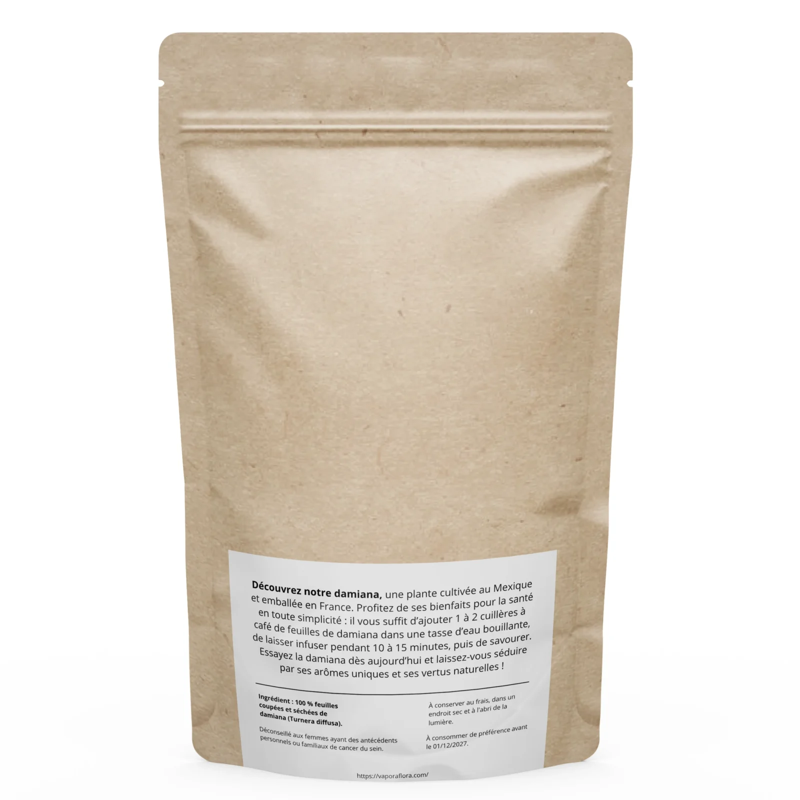 Vue arrière du sachet de damiana séchée