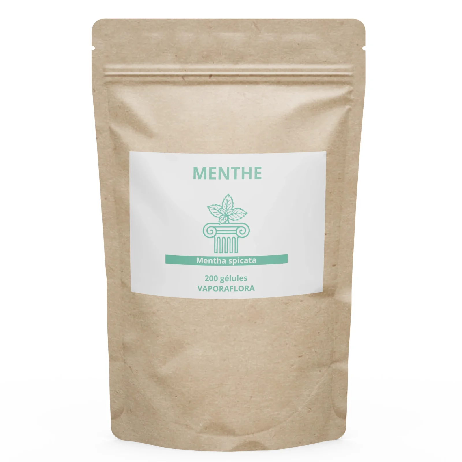 Sachet de gélules de menthe séchée vu de face
