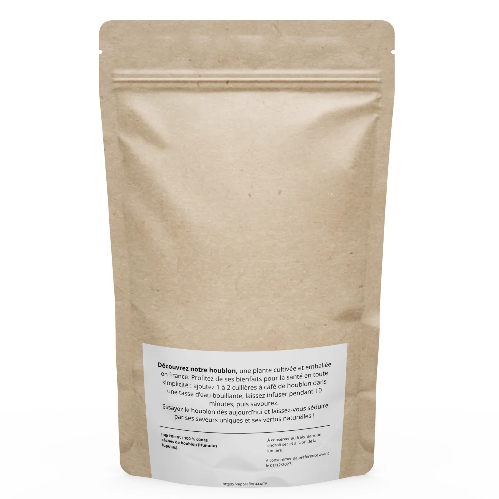 Dos du sachet de houblon séché avec bienfaits