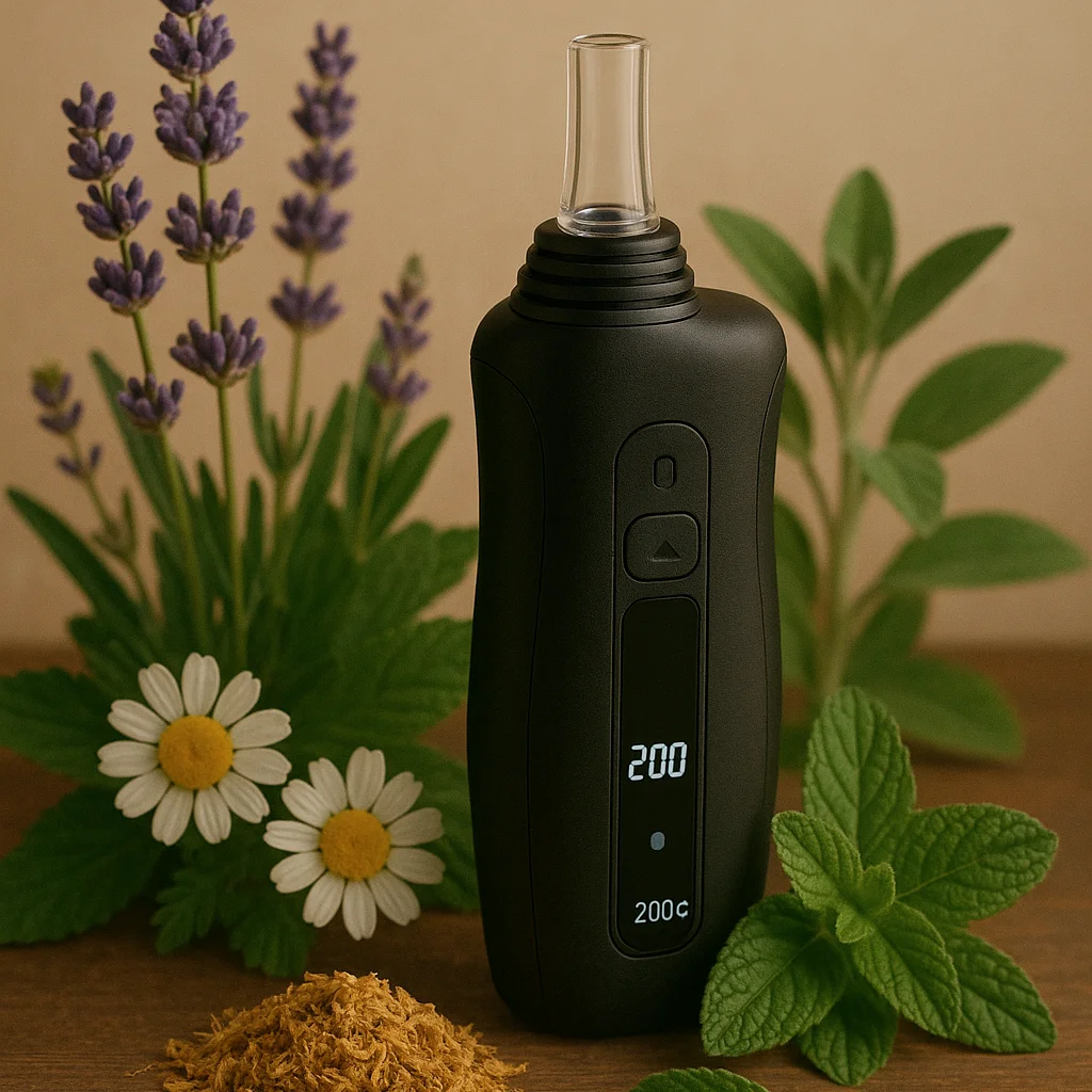 Vaporisateur d'herbe noir entouré de plantes médicinales séchées.