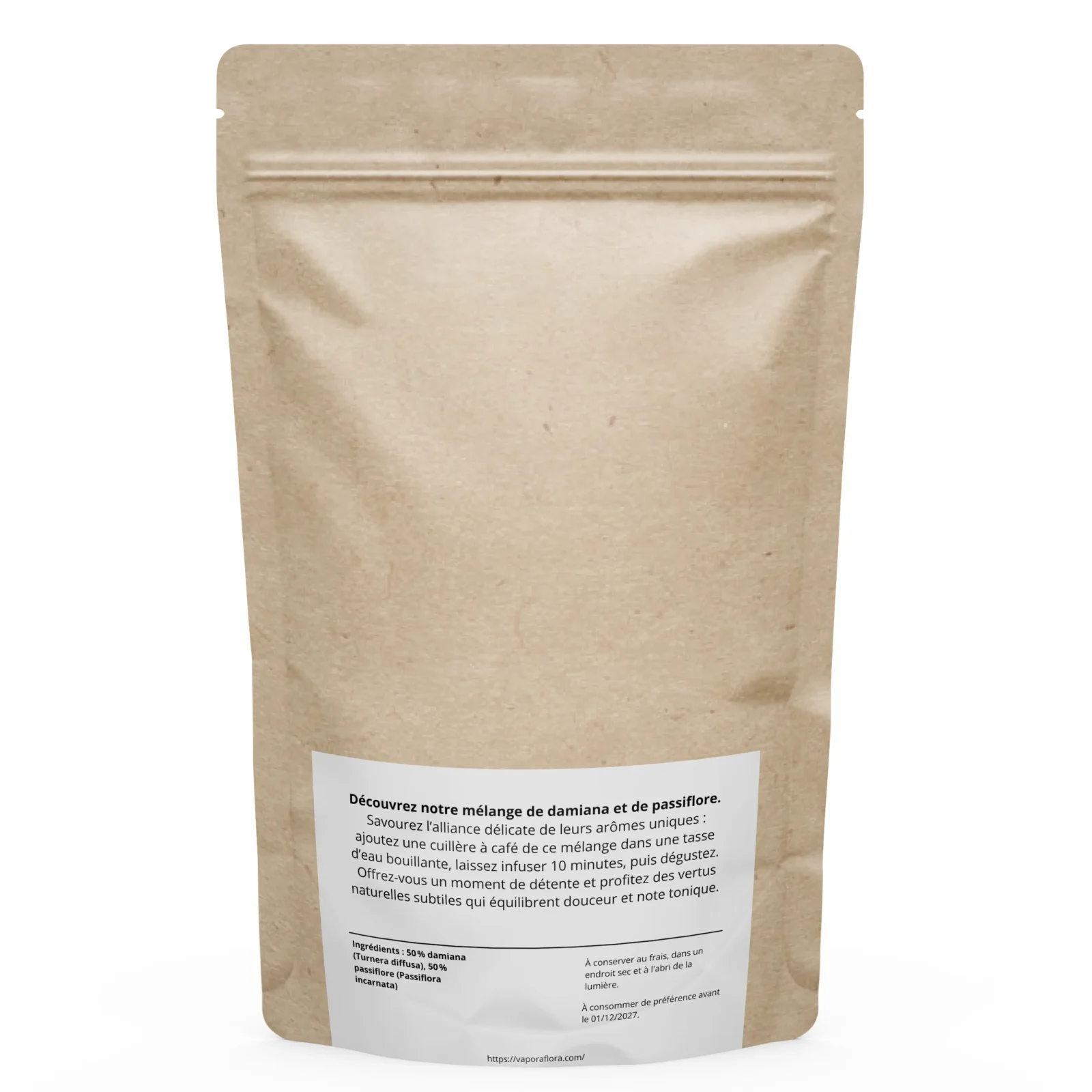 Sachet arrière du mélange de Damiana et Passiflore séchées, idéal pour favoriser la détente, réduire le stress et la fatigue.