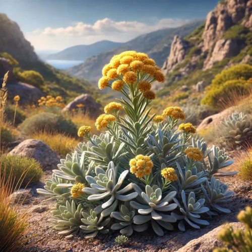 DALL·E 2025-01-06 19.03.12 – A realistic depiction of an immortelle plant (Helichrysum italicum) growing naturally in a Corsican landscape. The plant features its iconic yellow fl (1) DALL·E 2025-01-06 19.03.12 - A realistic depiction of an immortelle plant (Helichrysum italicum) growing naturally in a Corsican landscape. The plant features its iconic yellow fl (1)