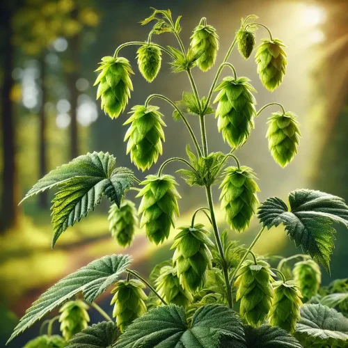 DALL·E 2025-01-06 21.27.12 – A realistic and detailed depiction of a hop plant (Humulus lupulus) growing in a natural setting. The image should include vibrant green leaves and co (1) DALL·E 2025-01-06 21.27.12 - A realistic and detailed depiction of a hop plant (Humulus lupulus) growing in a natural setting. The image should include vibrant green leaves and co (1)