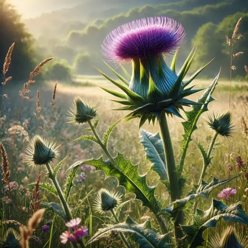 DALL·E 2025-01-07 15.20.00 – A lifelike and immersive image of a milk thistle (Chardon Marie) in a serene natural setting. The plant features intricate spiky green leaves and a pr (1) DALL·E 2025-01-07 15.20.00 - A lifelike and immersive image of a milk thistle (Chardon Marie) in a serene natural setting. The plant features intricate spiky green leaves and a pr (1)