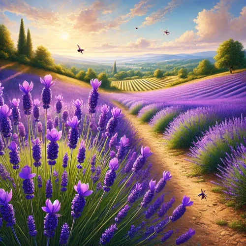 DALL·E 2025-01-07 15.26.37 – A realistic depiction of lavender plants in a natural setting. The scene includes a vibrant field of blooming lavender under a sunny sky, with gentle (1) DALL·E 2025-01-07 15.26.37 - A realistic depiction of lavender plants in a natural setting. The scene includes a vibrant field of blooming lavender under a sunny sky, with gentle (1)
